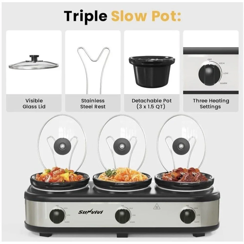 Triple Slow Cooker, Buffet Server and Food Warmer, Small Mini Pot with 3 Adjusta